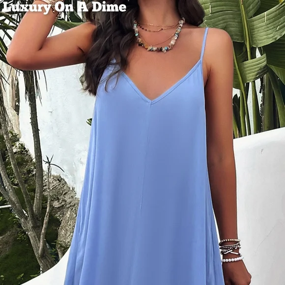 Oversized Pocket Casual Sleeveless V-Neck Low Back Long Summer Maxi Dress Blue - Picture 6 of 16